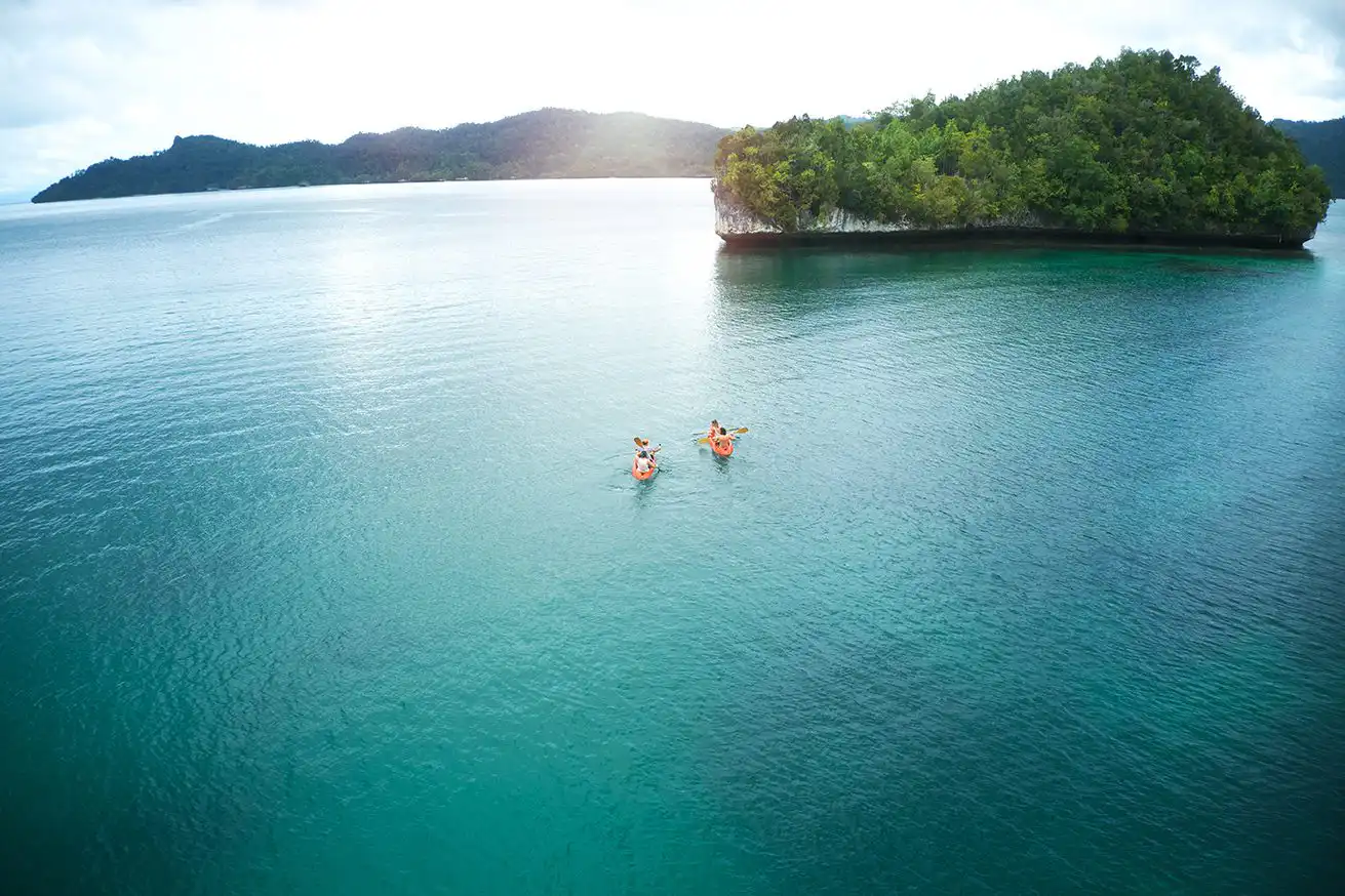 Kayakers near tropical island